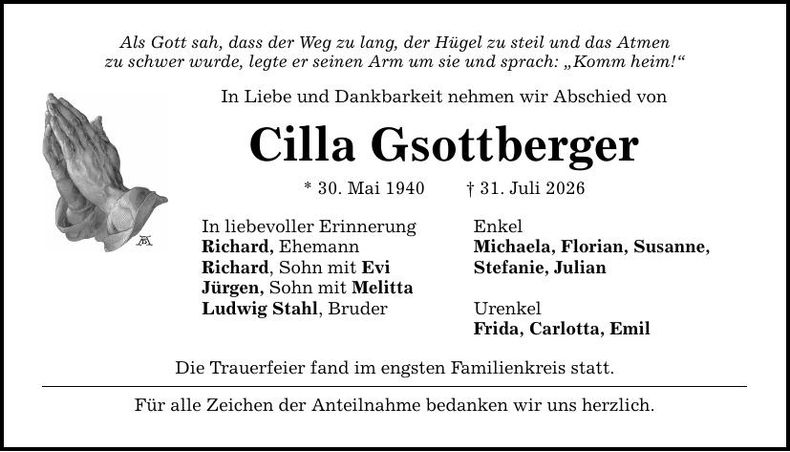 Traueranzeige Cilla Gsottberger