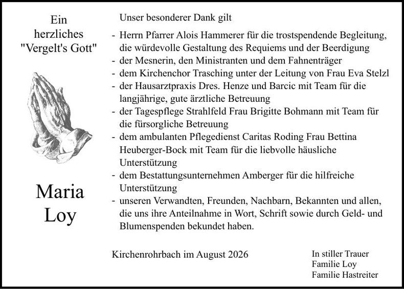 Traueranzeige Maria Loy