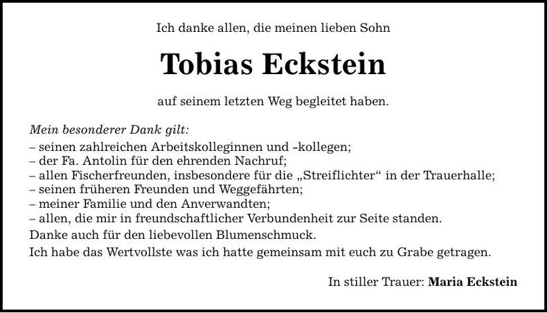 Traueranzeige Tobias Eckstein