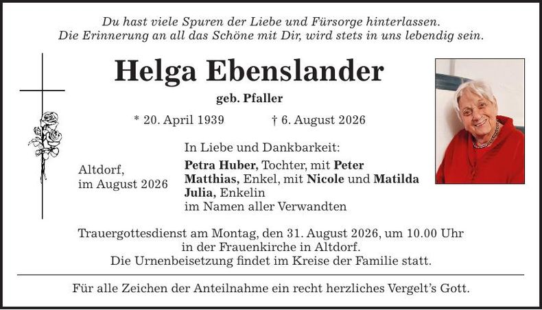 Traueranzeige Helga Ebenslander