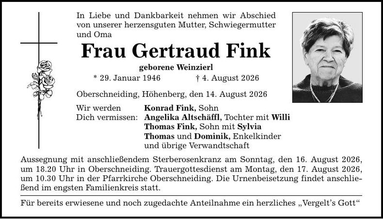 Traueranzeige Gertraud Fink