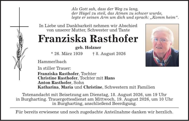 Traueranzeige Franziska Rasthofer