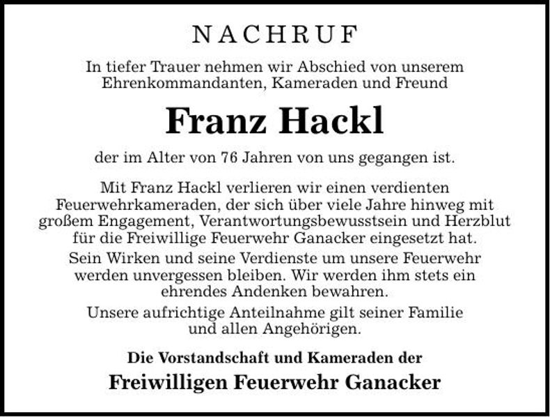 Traueranzeige Franz Hackl