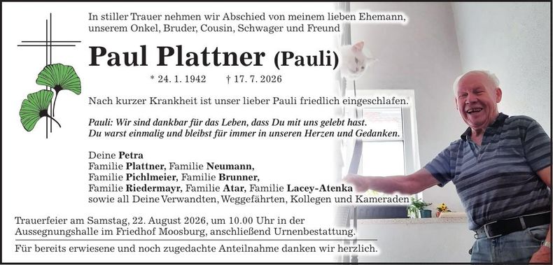 Traueranzeige Paul Plattner