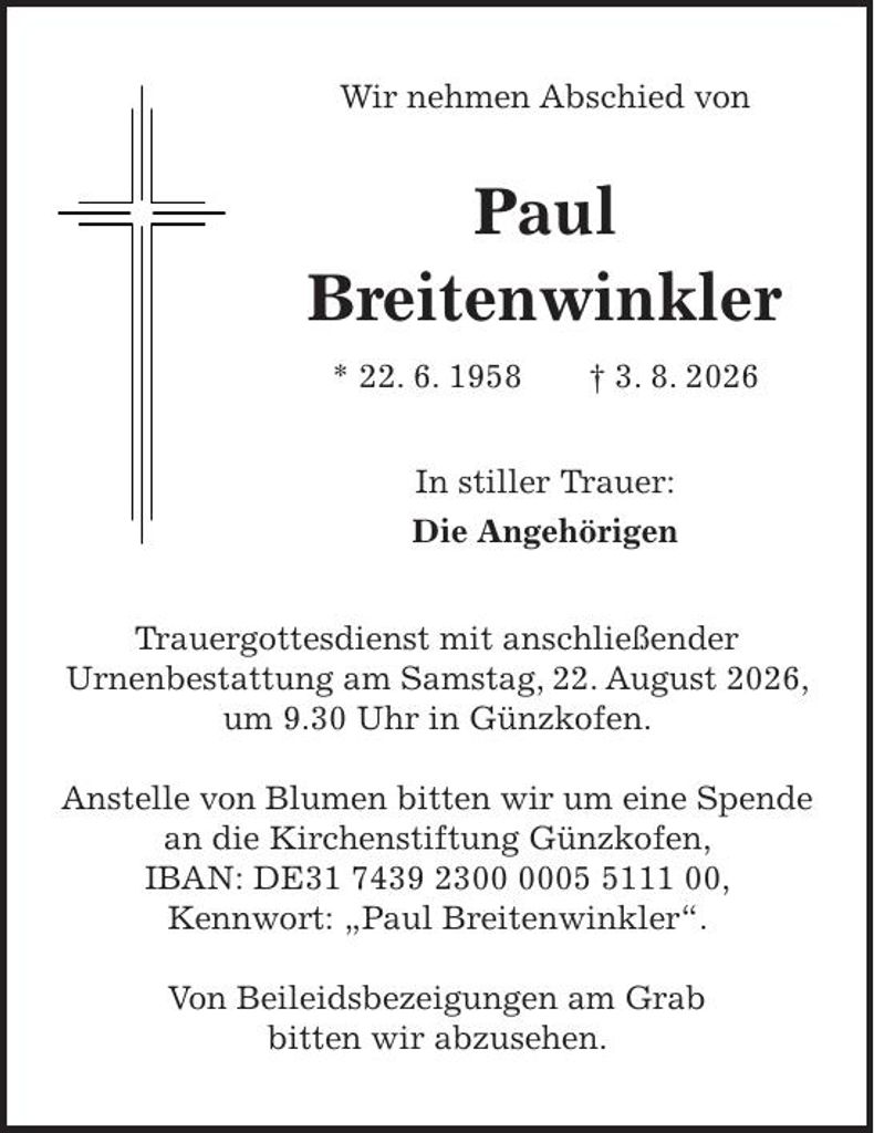 Traueranzeige Paul Breitenwinkler