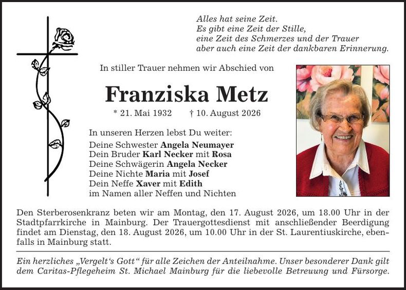Traueranzeige Franziska Metz