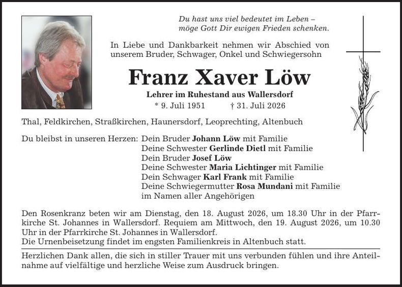 Traueranzeige Franz Xaver Löw