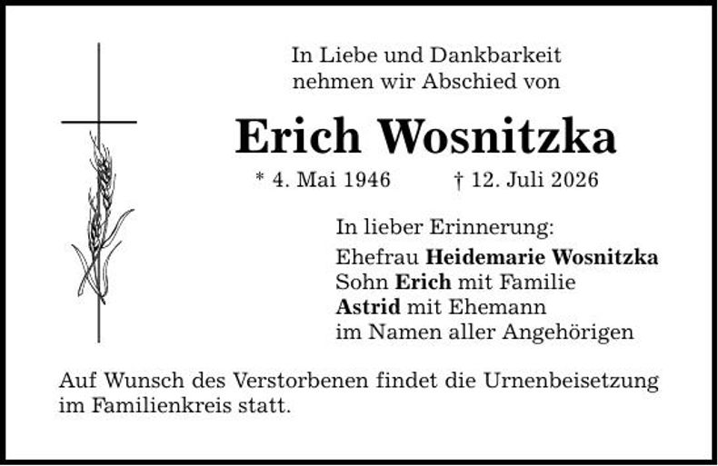 Traueranzeige Erich Wosnitzka