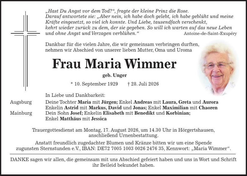 Traueranzeige Maria Wimmer
