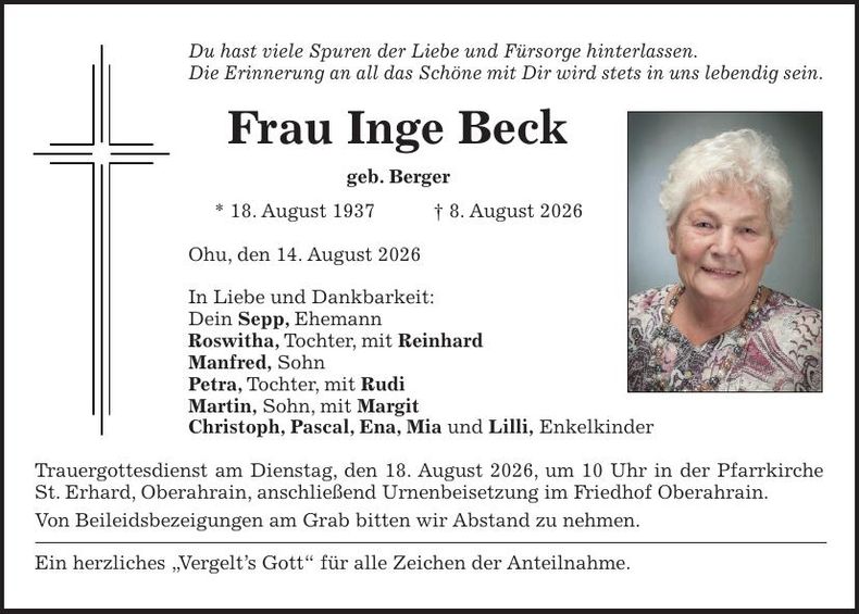 Traueranzeige Inge Beck