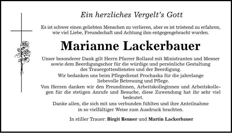 Traueranzeige Marianne Lackerbauer