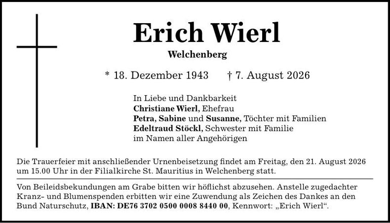 Traueranzeige Erich Wierl