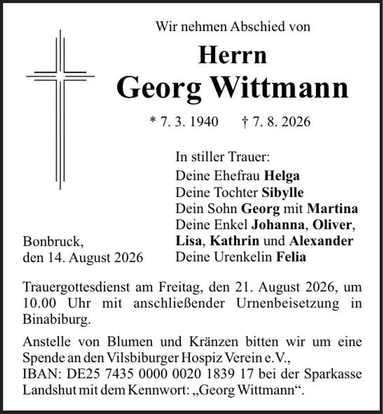 Traueranzeige Georg Wittmann