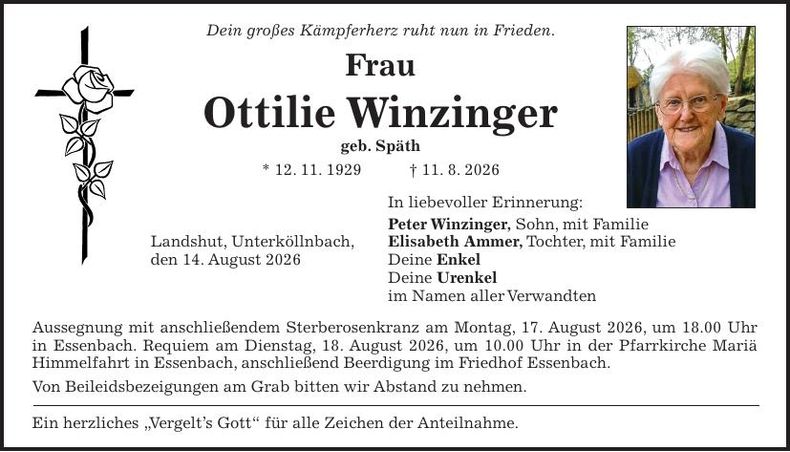 Traueranzeige Ottilie Winzinger