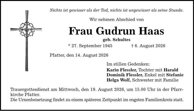 Traueranzeige Gudrun Haas