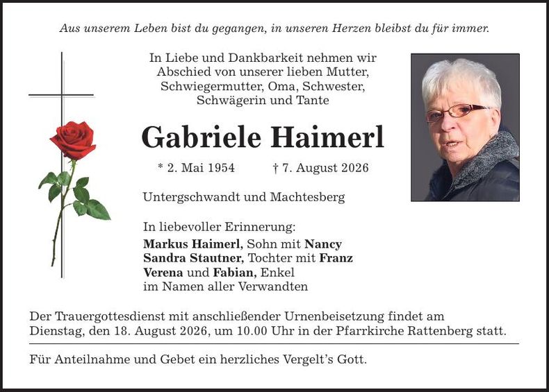 Traueranzeige Gabriele Haimerl
