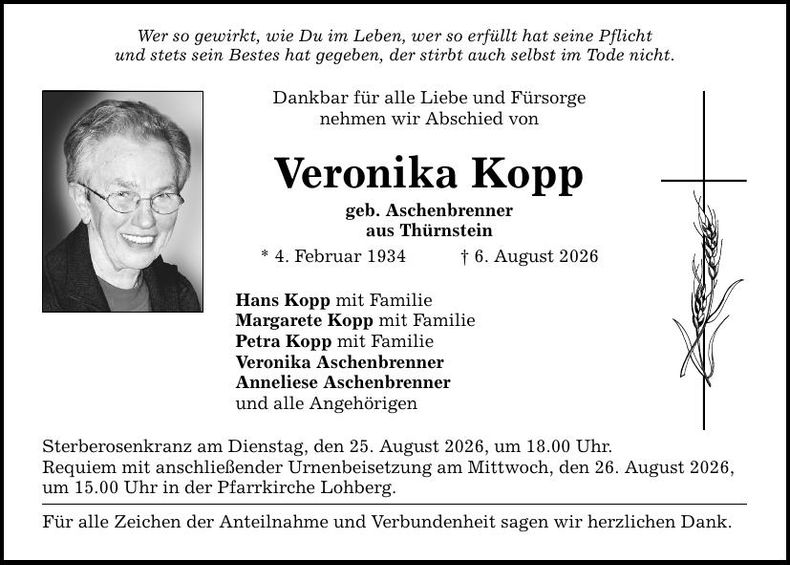 Traueranzeige Veronika Kopp