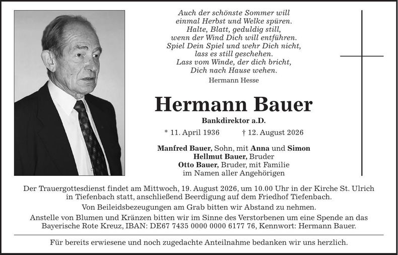 Traueranzeige Hermann Bauer