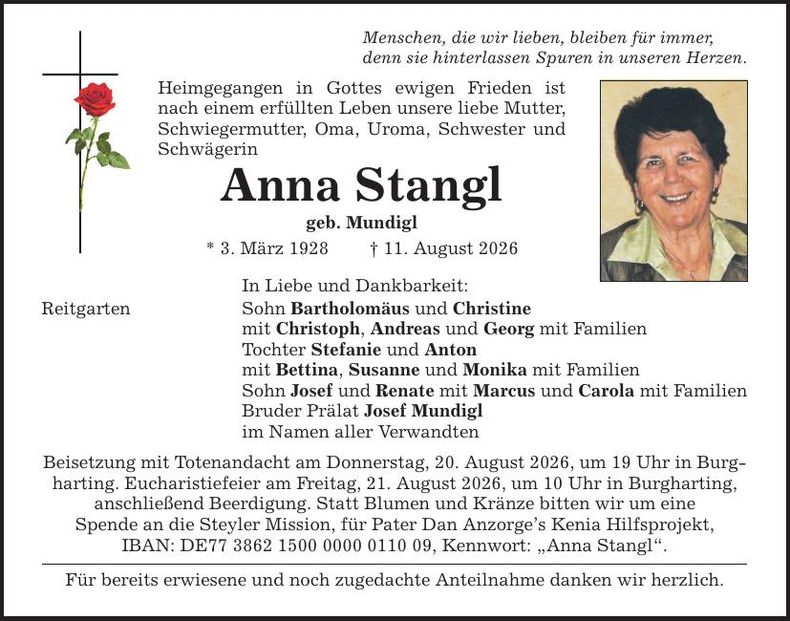 Traueranzeige Anna Stangl