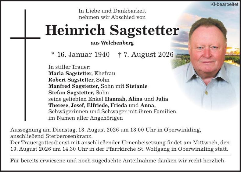 Traueranzeige Heinrich Sagstetter