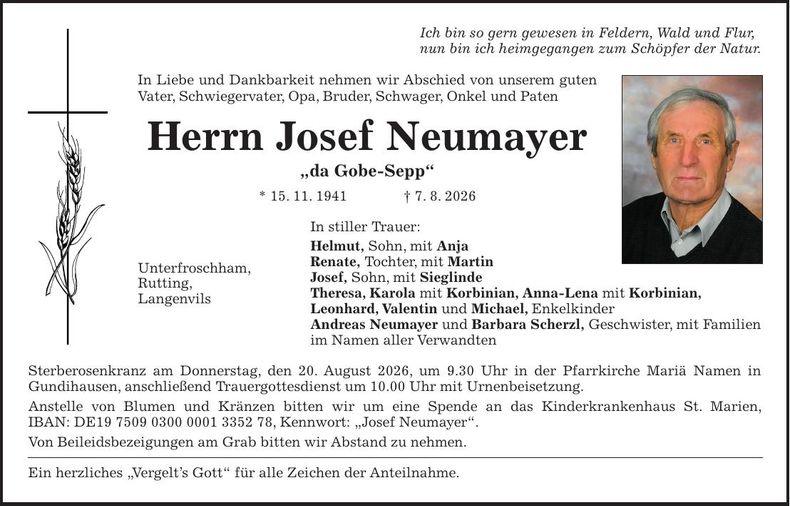 Traueranzeige Josef Neumayer