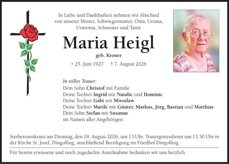 Traueranzeige Maria Heigl