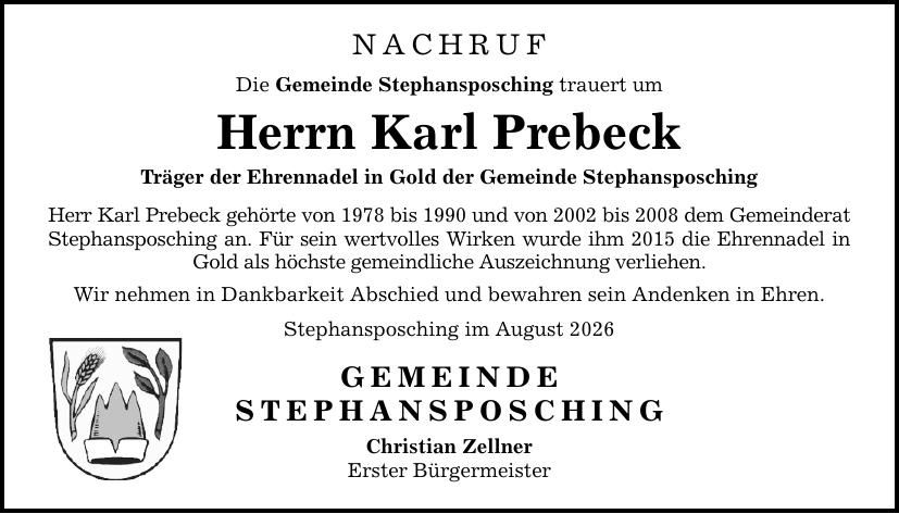 Traueranzeige Karl Prebeck