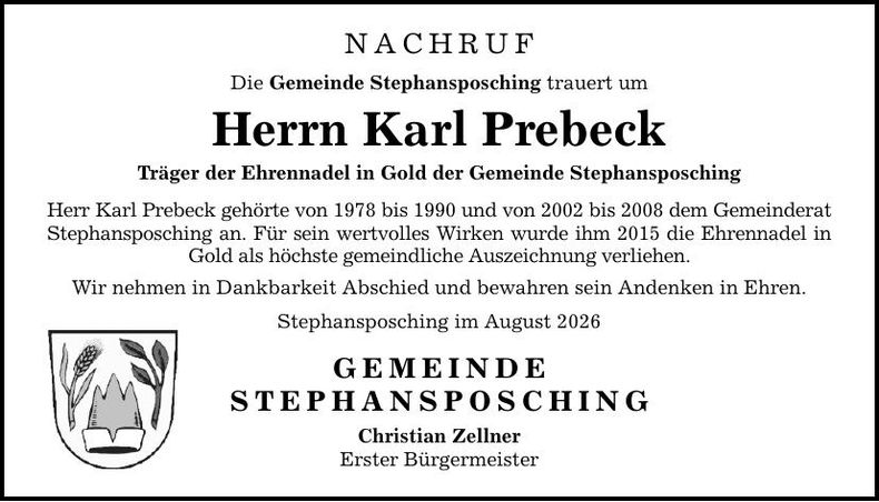Traueranzeige Karl Prebeck