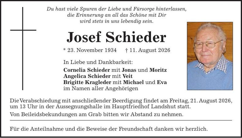 Traueranzeige Josef Schieder