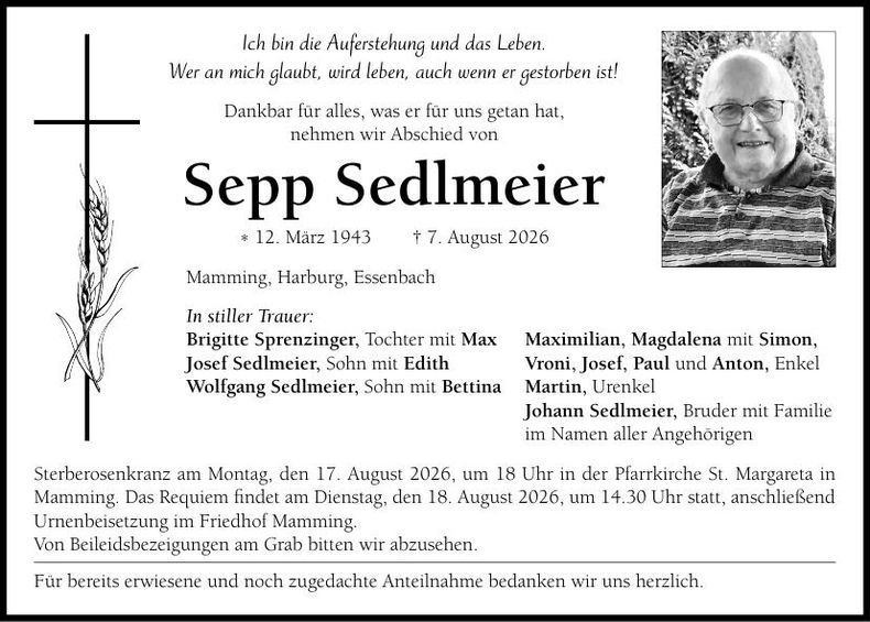Traueranzeige Sepp Sedlmeier