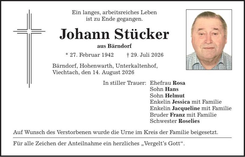 Traueranzeige Johann Stücker