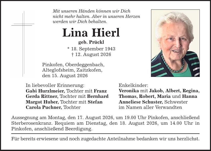 Traueranzeige Lina Hierl