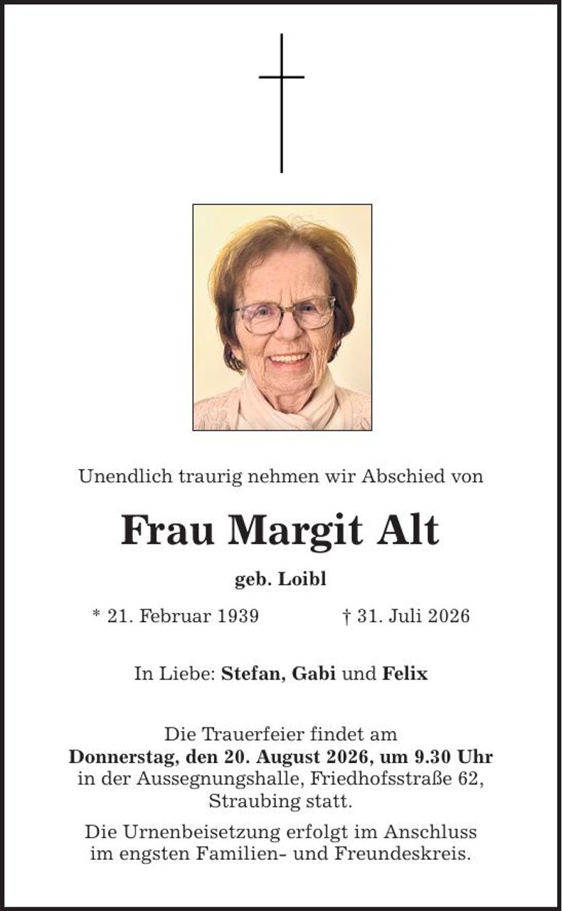Traueranzeige Margaretha Alt