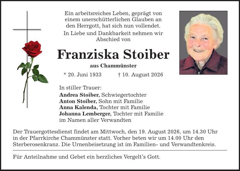 Traueranzeige Franziska Stoiber