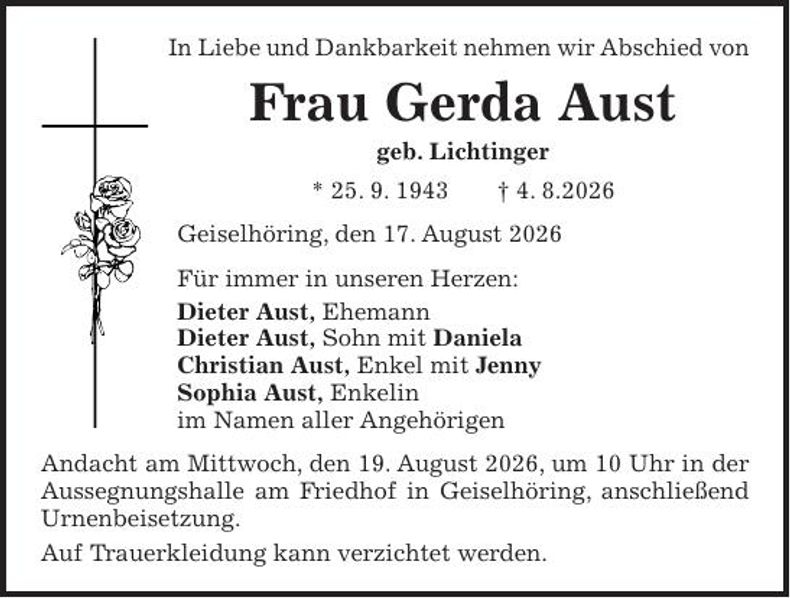 Traueranzeige Gerda Aust