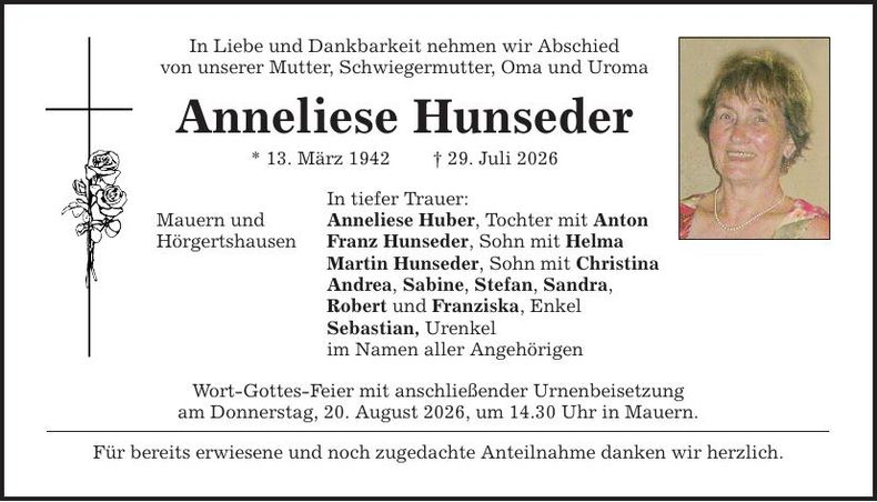 Traueranzeige Anneliese Hunseder