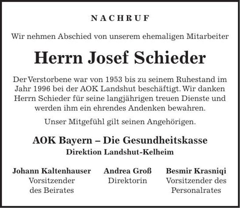 Traueranzeige  Josef  Schieder