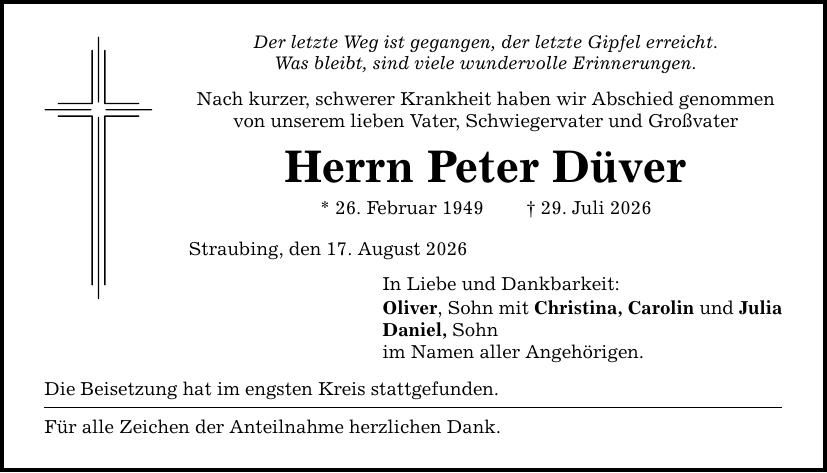 Traueranzeige Peter Düver