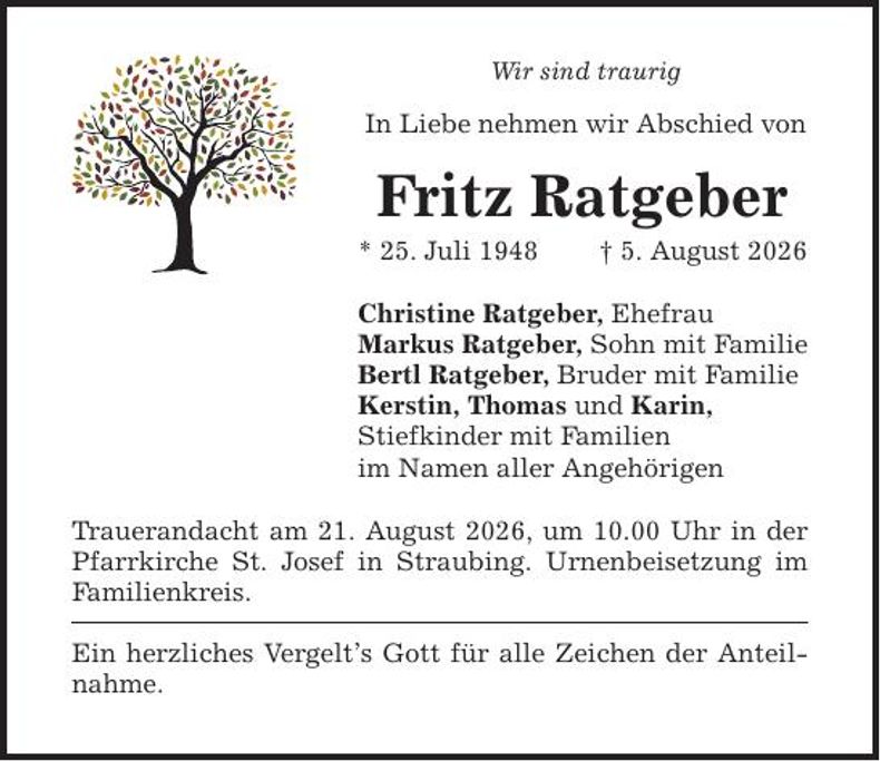 Traueranzeige Fritz Ratgeber