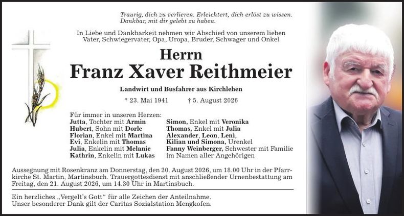 Traueranzeige Franz Xaver Reithmeier