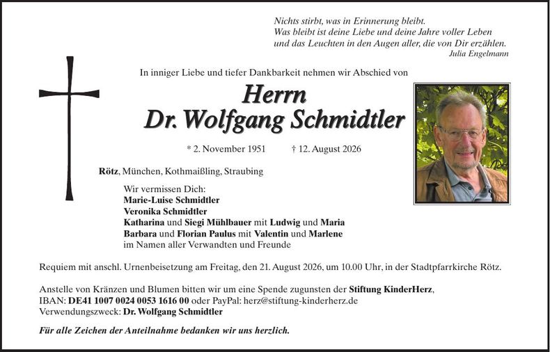 Traueranzeige Wolfgang Schmidtler Dr.