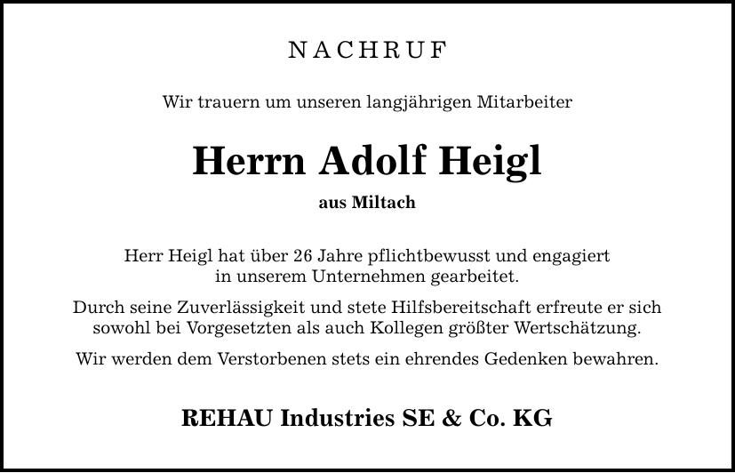 Traueranzeige Adolf Heigl