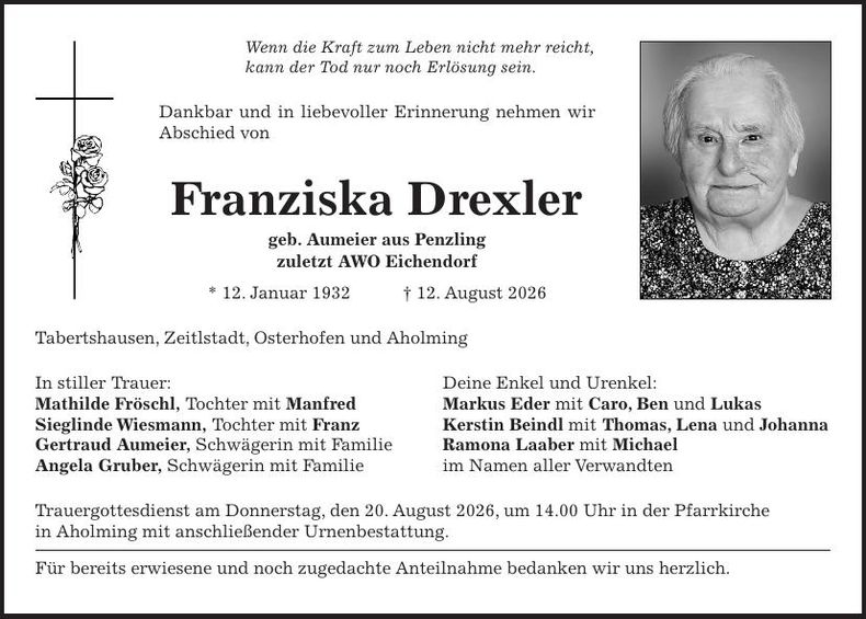 Traueranzeige Franziska Drexler