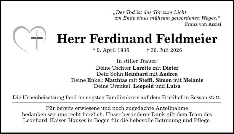 Traueranzeige Ferdinand Feldmeier