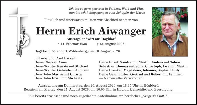 Traueranzeige Erich Aiwanger