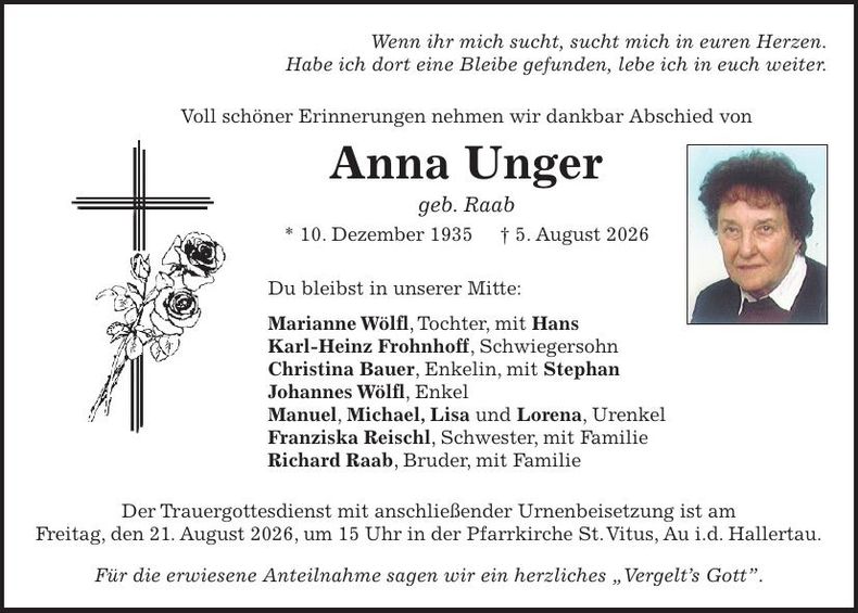 Traueranzeige Anna Unger