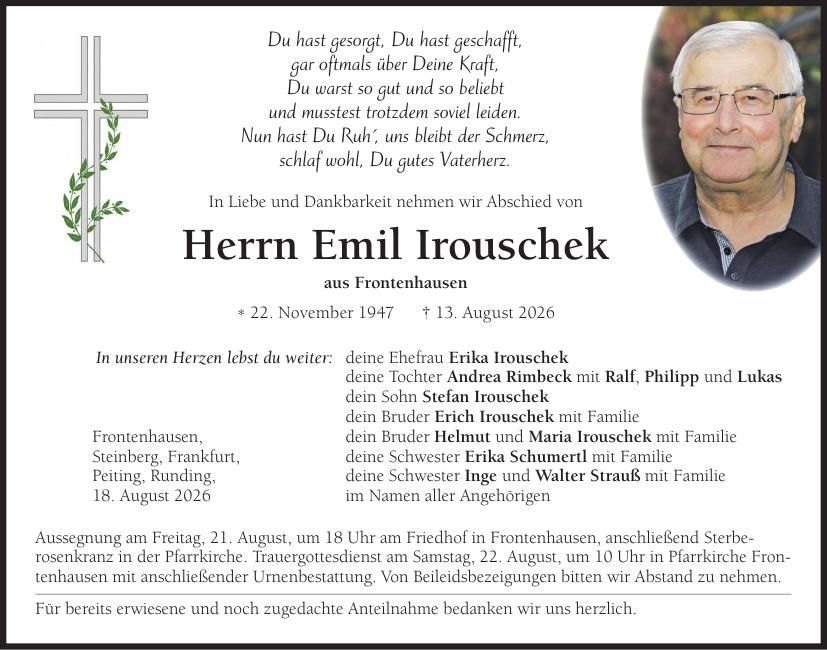 Traueranzeige Emil Irouschek