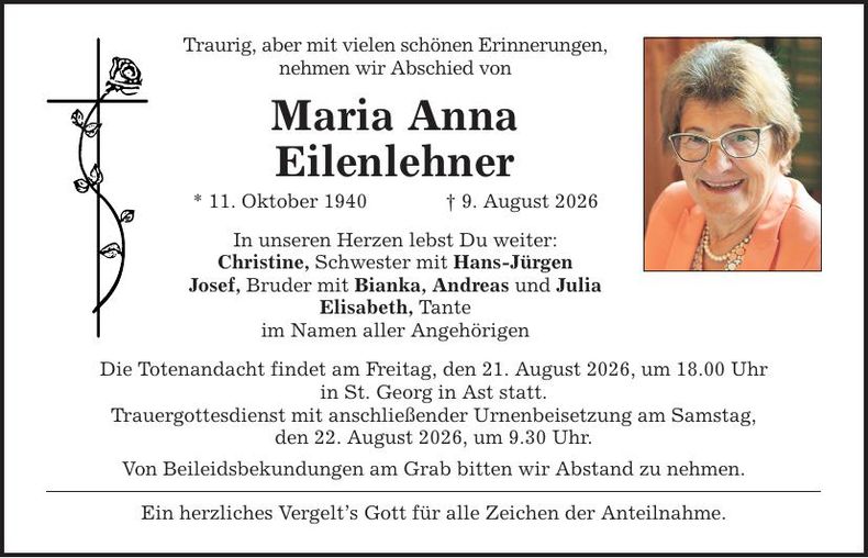 Traueranzeige Maria Anna Eilenlehner