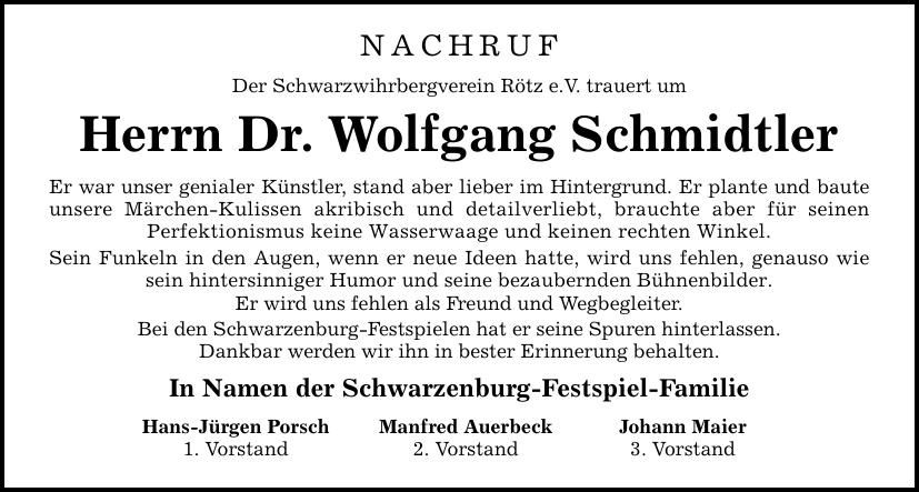 Traueranzeige Wolfgang Schmidtler Dr.