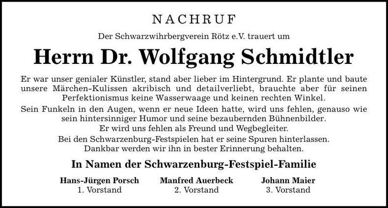 Traueranzeige Wolfgang Schmidtler Dr.